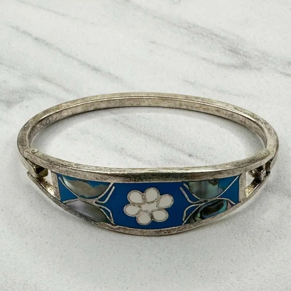 Vintage Mexico Blue Inlay Abalone Butterfly White Flower Child Hinged Bangle ✨